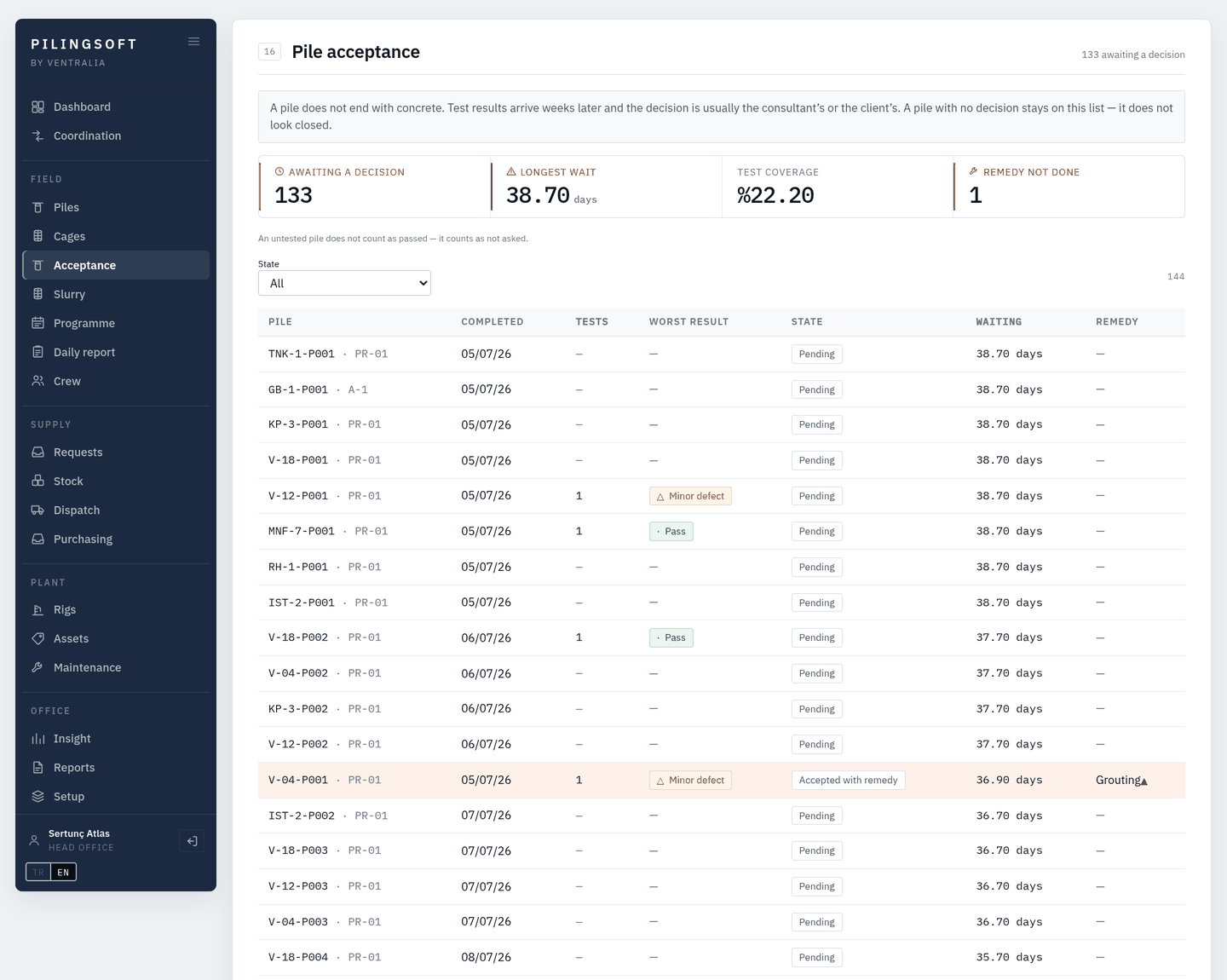 PILINGSOFT acceptance screen: test results and the acceptance decision